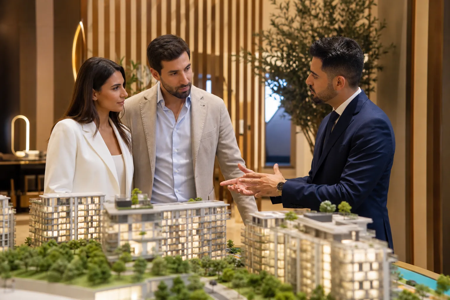 Couple d'investisseurs échangeant avec un conseiller devant une maquette de résidence à Dubaï