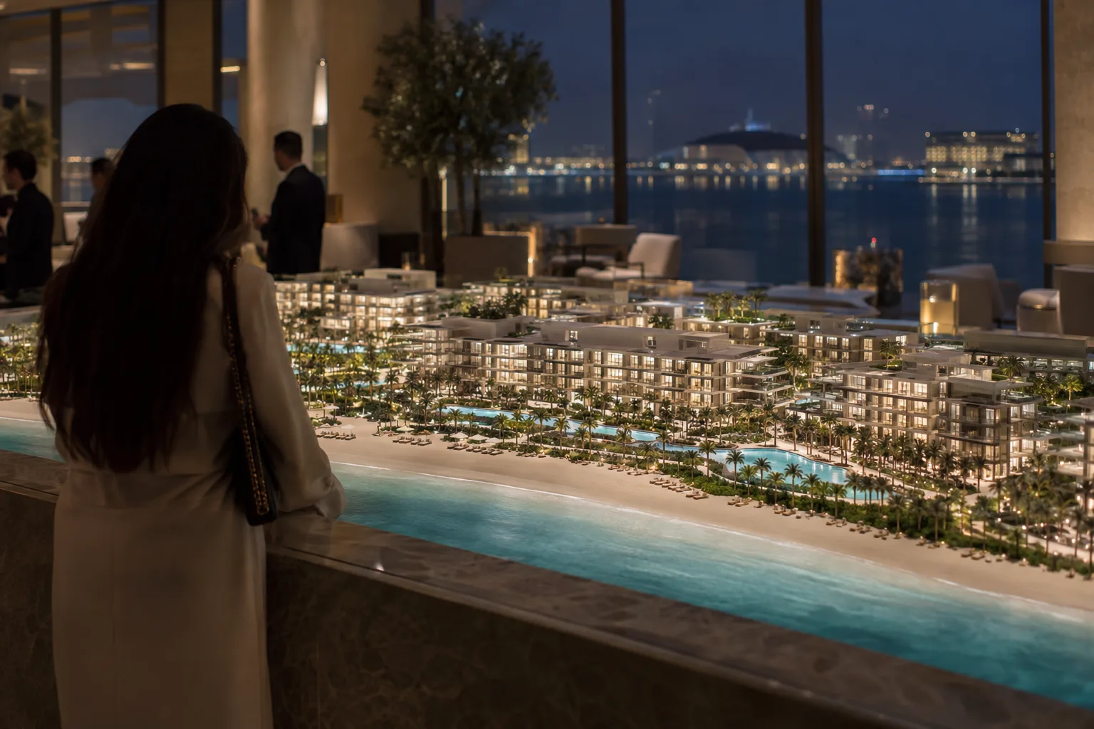 Visitor seen from behind leaning over the illuminated model of a beachfront residence, at night, in a sales gallery