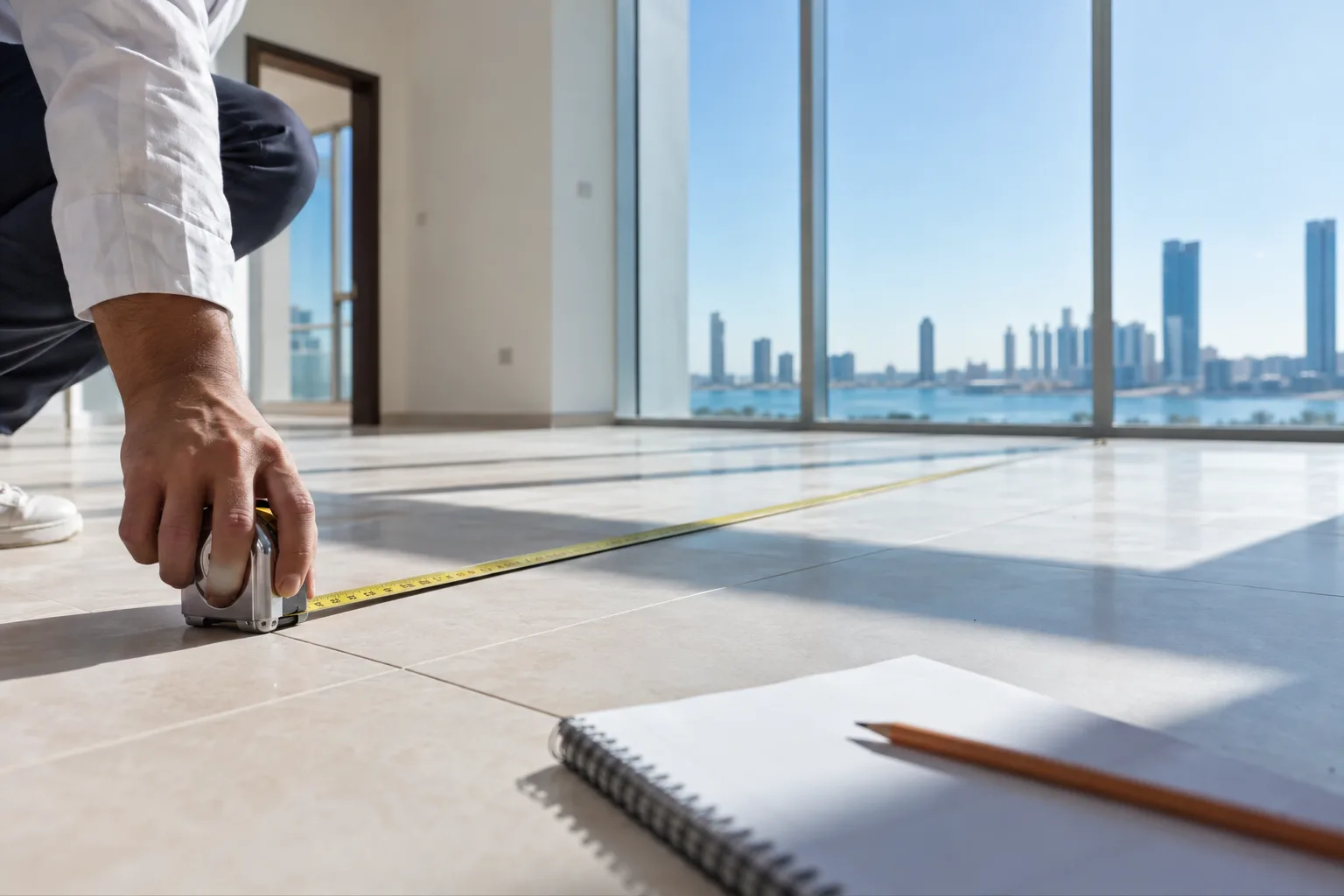 A hand pulling a tape measure across the pale tiled floor of an empty apartment in bright midday light