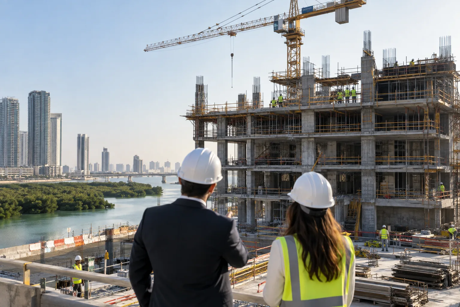 An advisor and an investor seen from behind, wearing helmets, observing an off-plan residential construction site on Al Reem Island