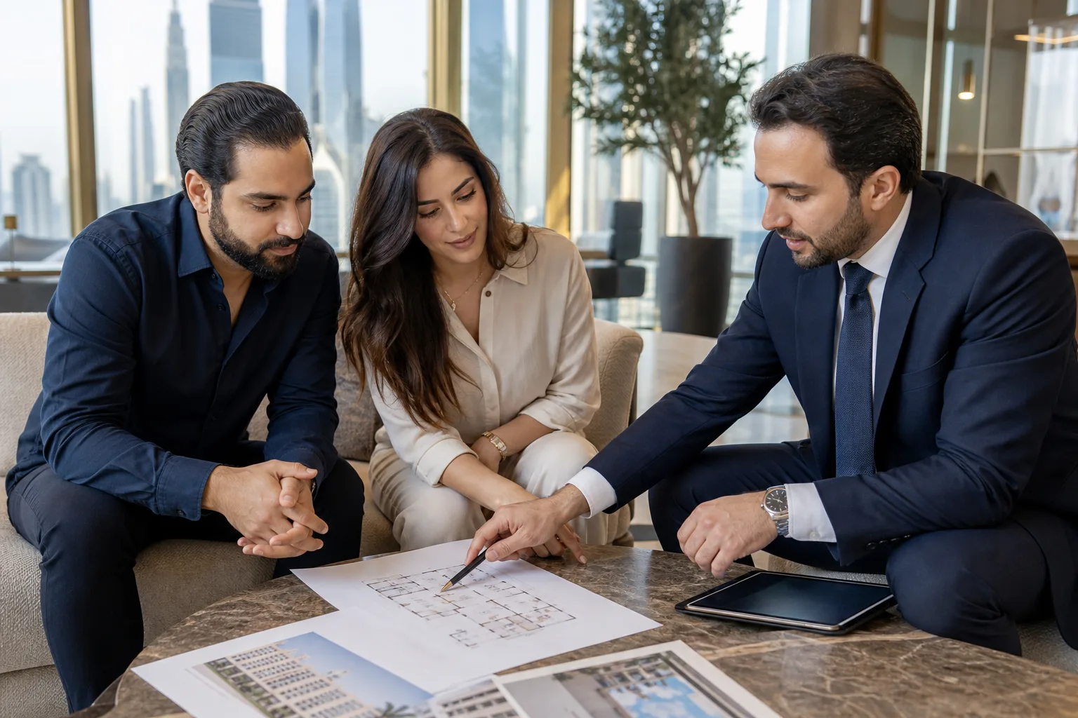 Conseillère immobilière présentant des plans de résidences à un couple dans une agence lumineuse de Dubaï