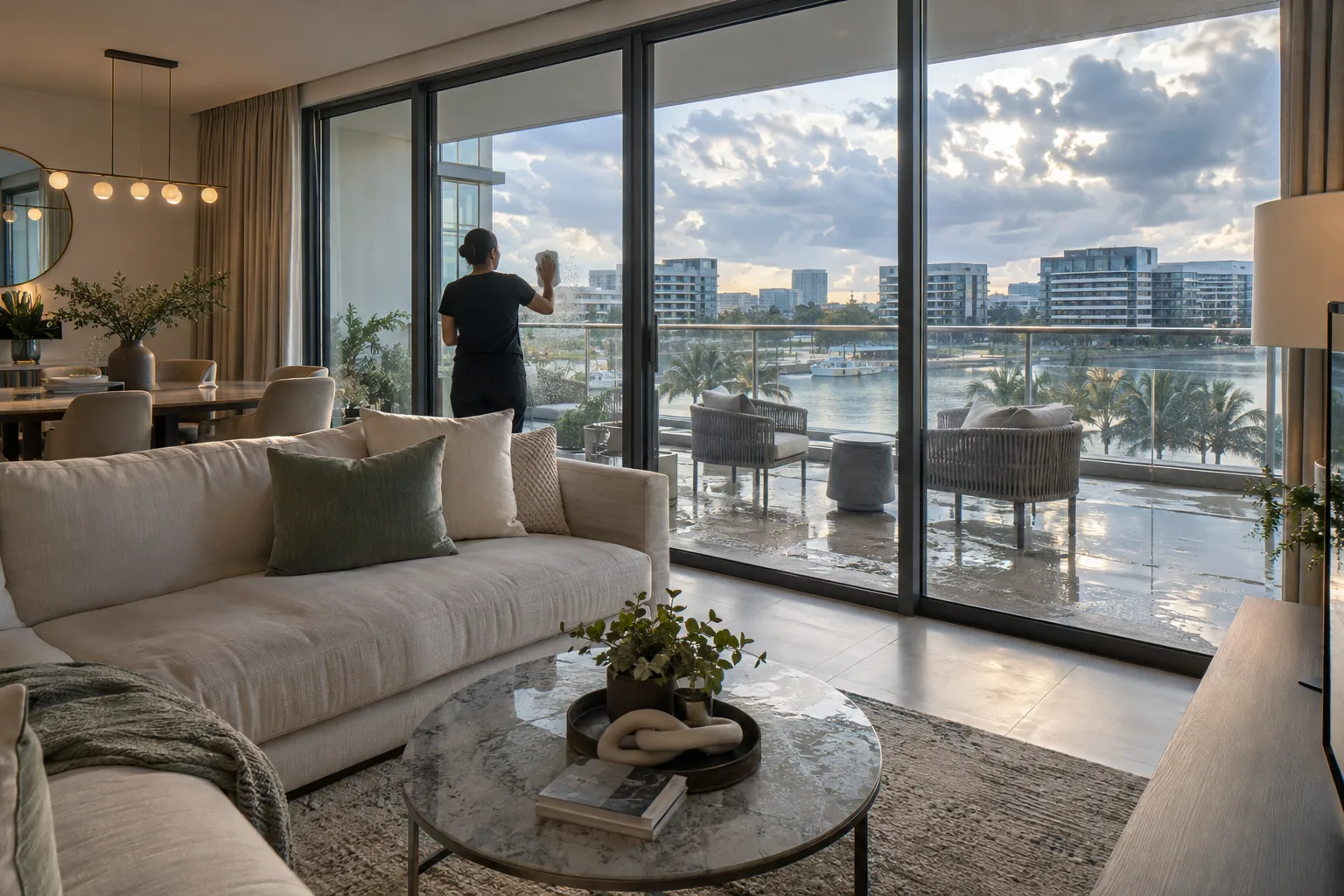 Occupied apartment in Al Raha Beach prepared for viewings, person seen from behind cleaning the picture window
