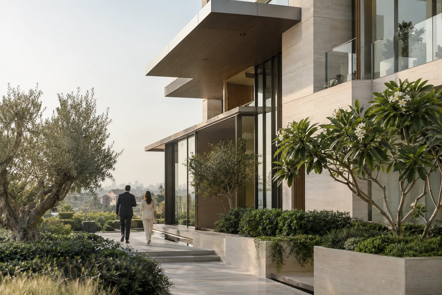Light stone facade and bronze-framed bay windows of an upscale villa in Dubai, with two figures seen from behind in the driveway