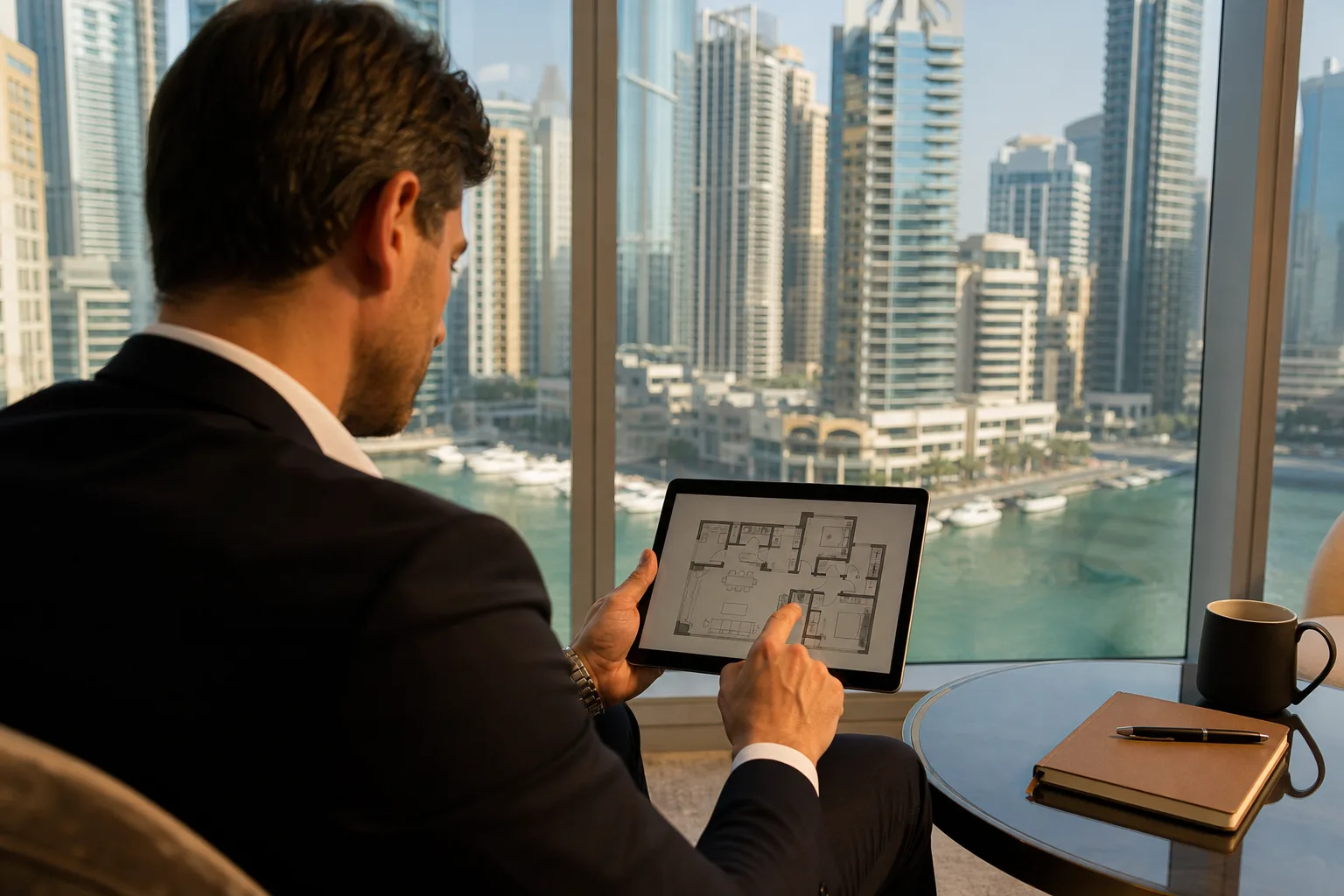 Empresario consultando planos de apartamento en una tableta en una oficina acristalada con vistas a Dubai Marina