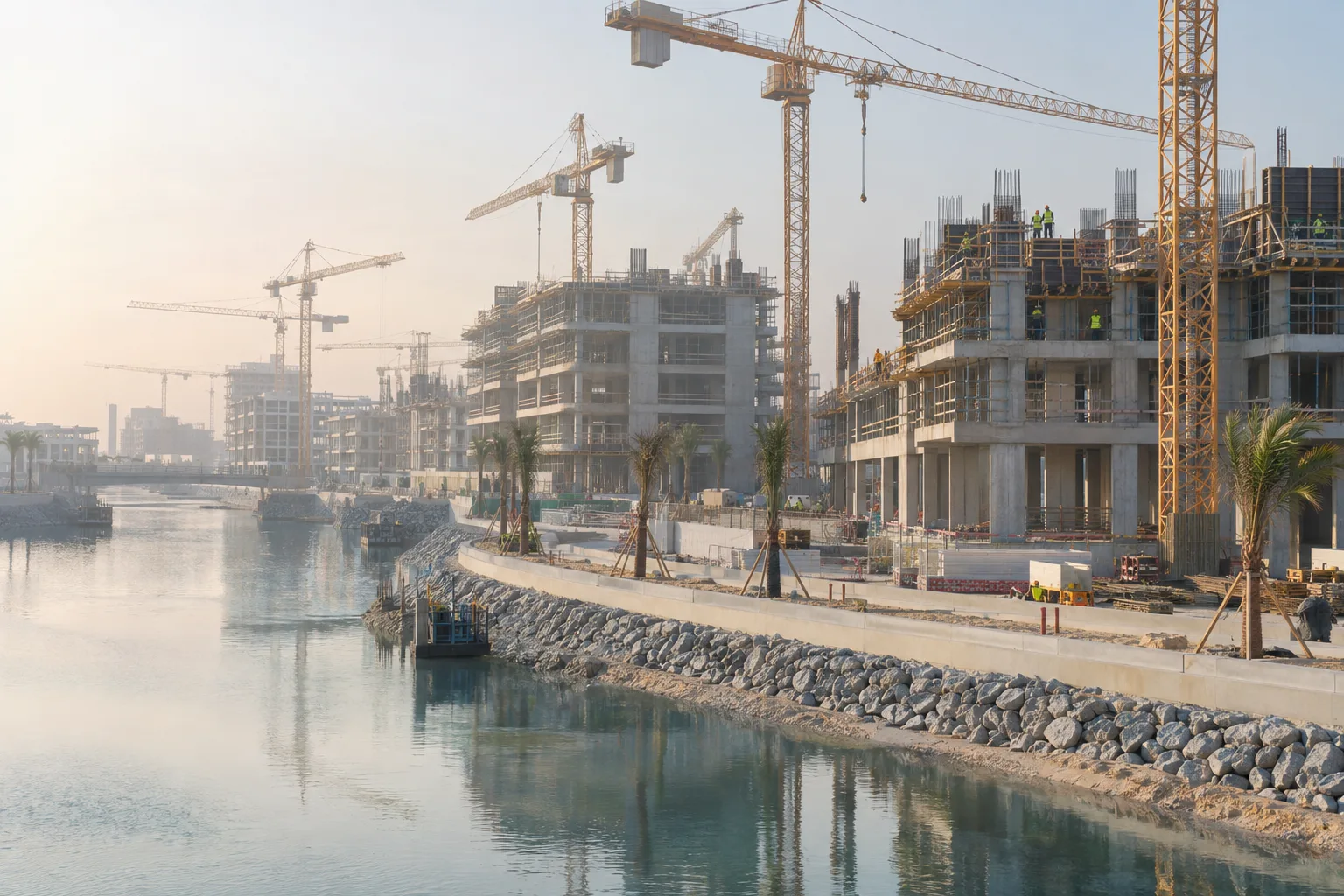 Waterfront residential construction site along a canal on Yas Island in the morning mist, cranes and concrete structures