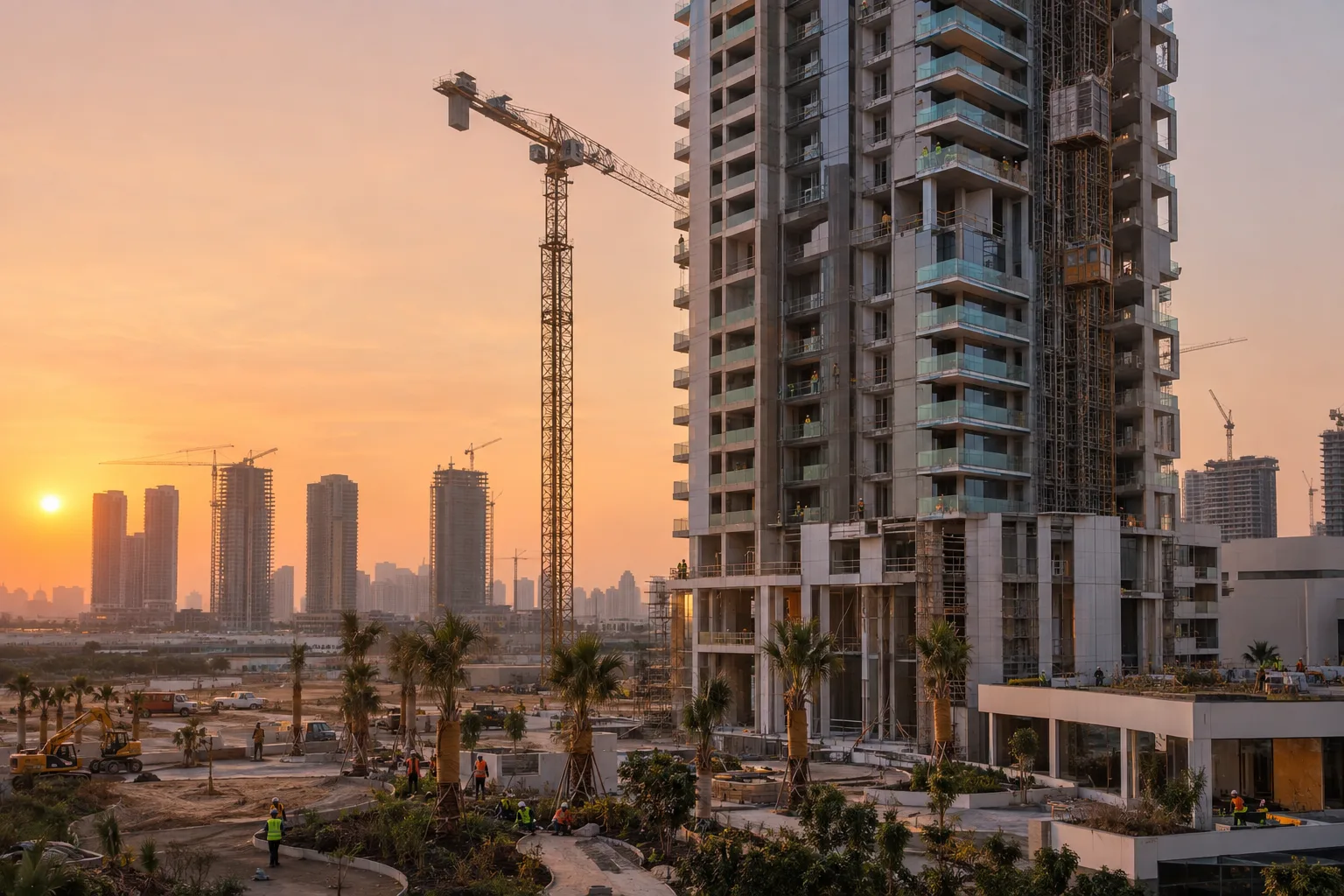 Nearly completed off-plan residential tower in Dubai at sunrise, workers installing balcony railings