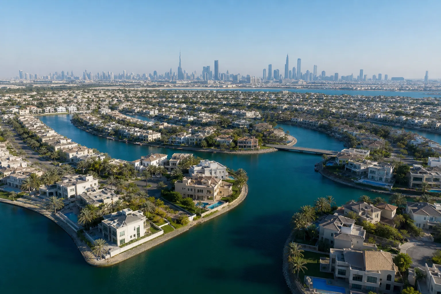 Vue aérienne des villas et canaux d'un quartier résidentiel de Dubaï avec palmiers et plans d'eau
