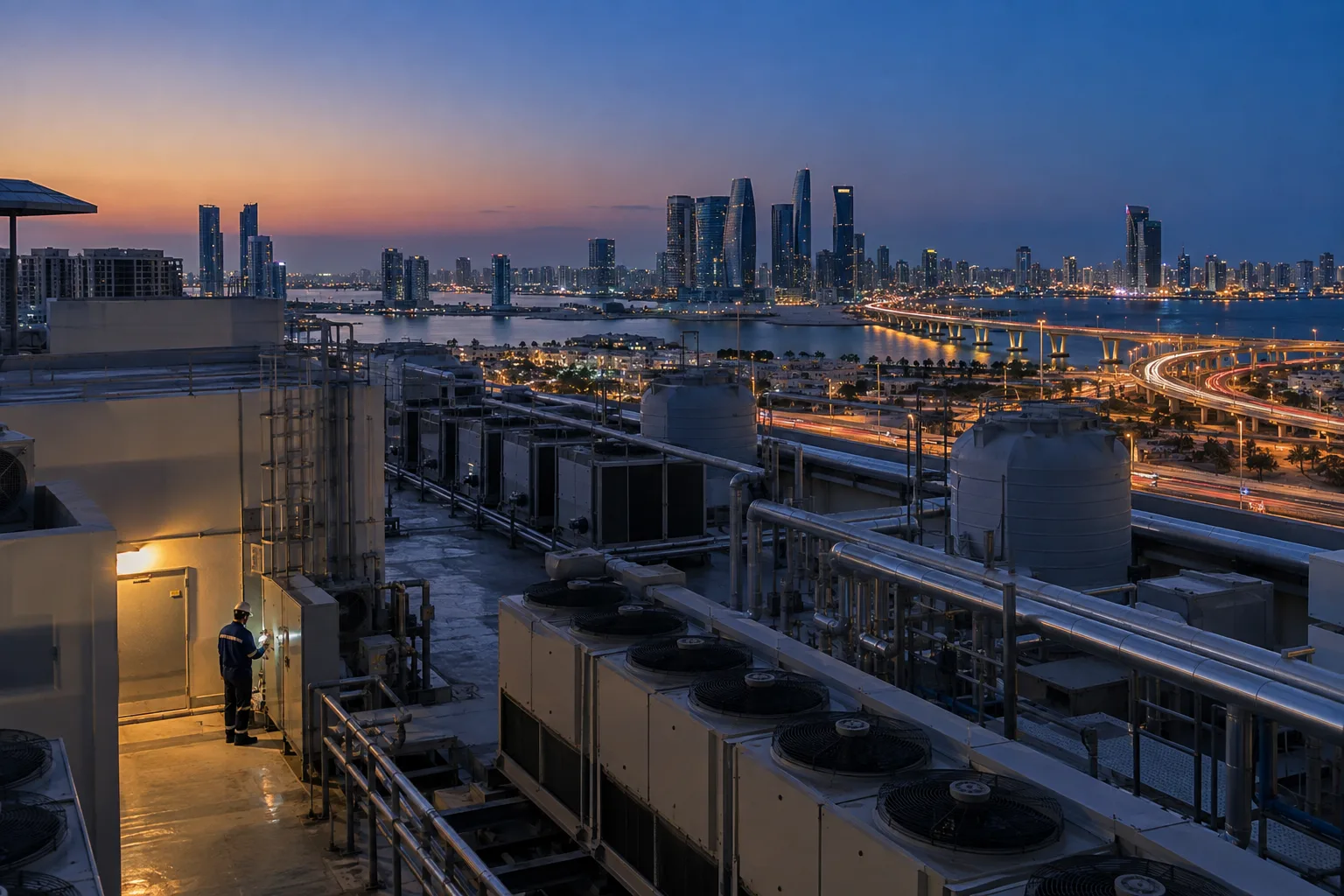 Air-conditioning units on the roof of an Abu Dhabi residence at blue hour, inspected by a technician