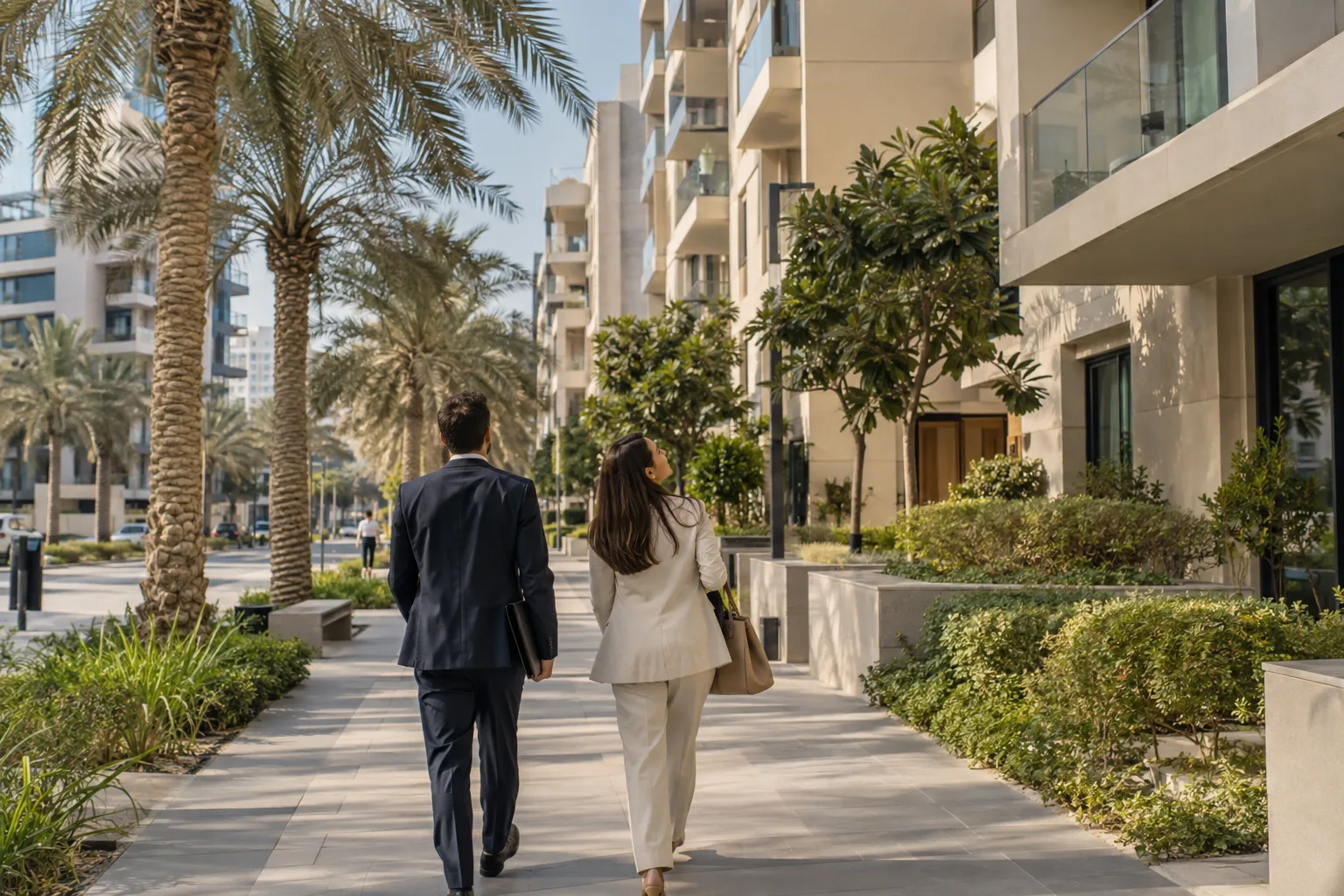 An advisor and an investor seen from behind, on a shaded promenade on Al Reem Island, in front of residential buildings