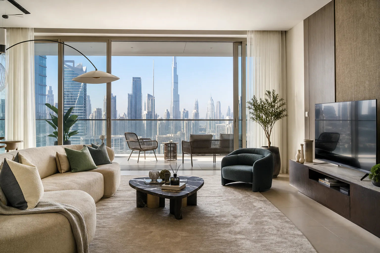 Interior luminoso de un apartamento moderno en Dubái con salón amueblado y vistas a la ciudad desde un balcón