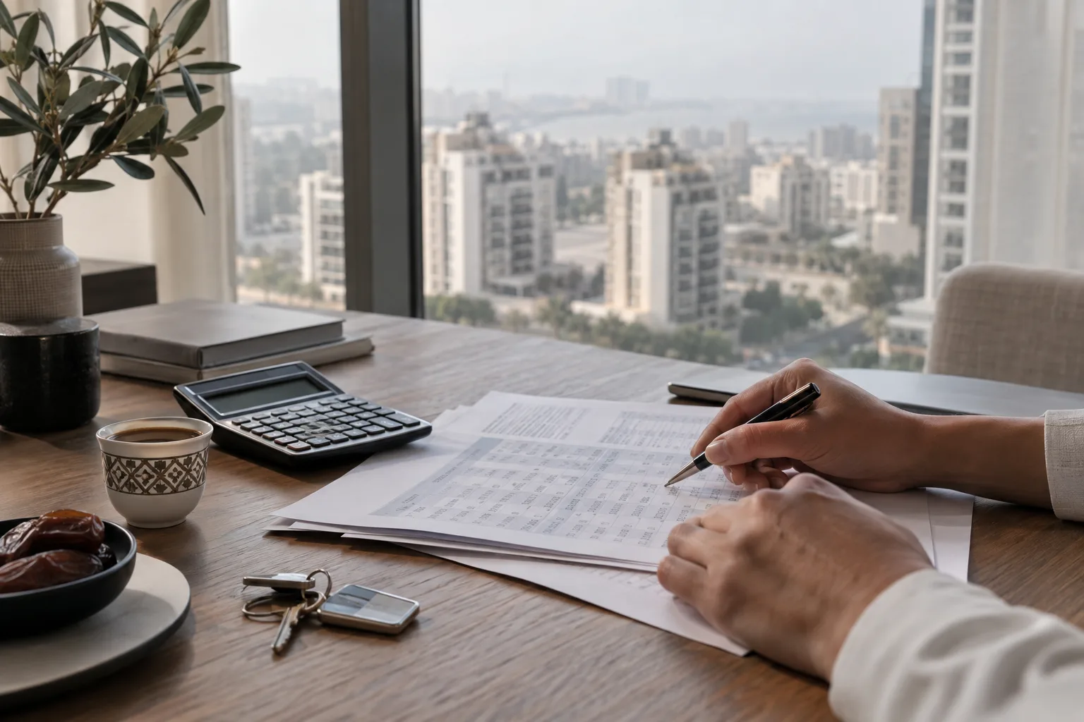 A buyer's hands with a pen over payment schedule pages, next to a calculator and keys, in an Abu Dhabi apartment