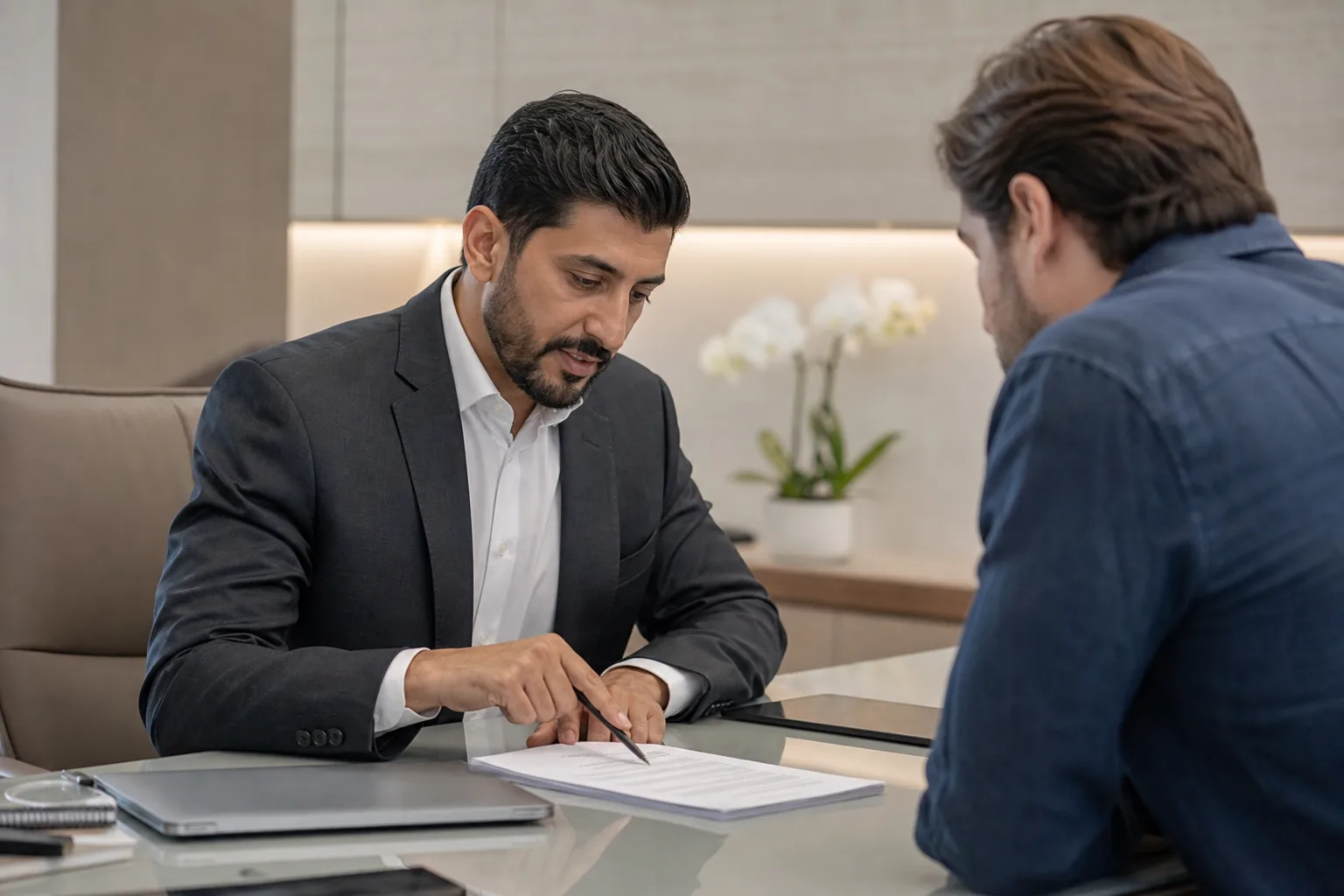 Asesor señalando un documento contractual ante un cliente atento en una oficina acogedora