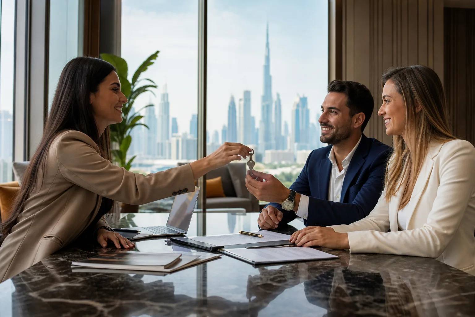 Entrega de llaves durante la firma en una elegante oficina de agencia inmobiliaria en Dubái