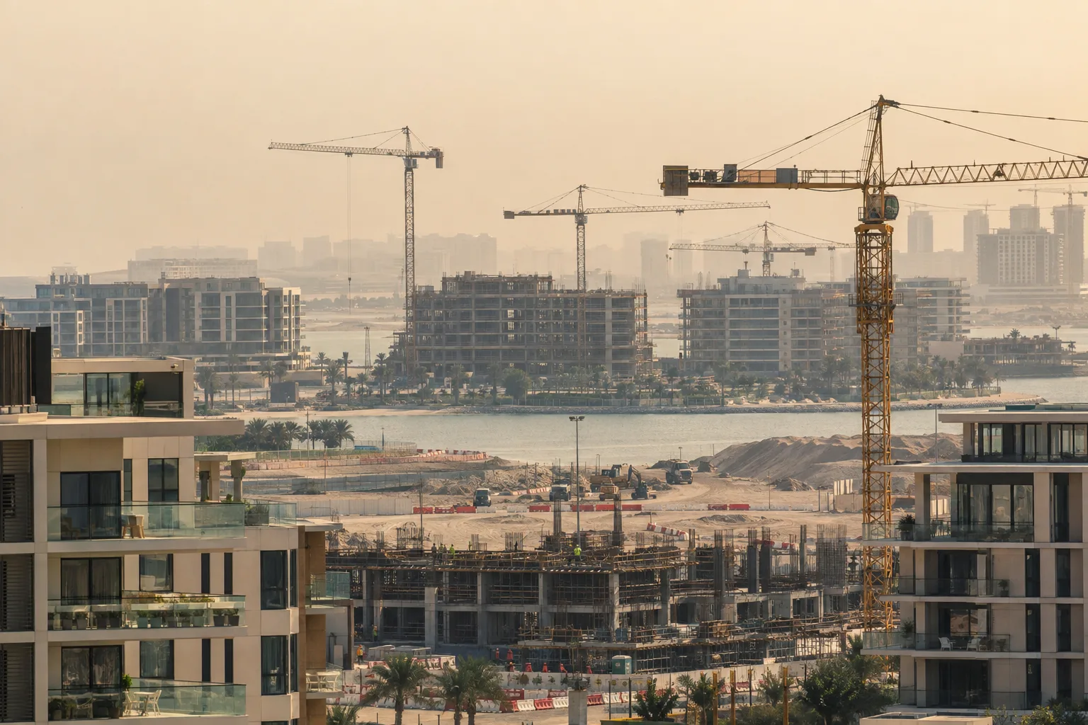 Several residential construction sites at different stages, a line of cranes in the haze