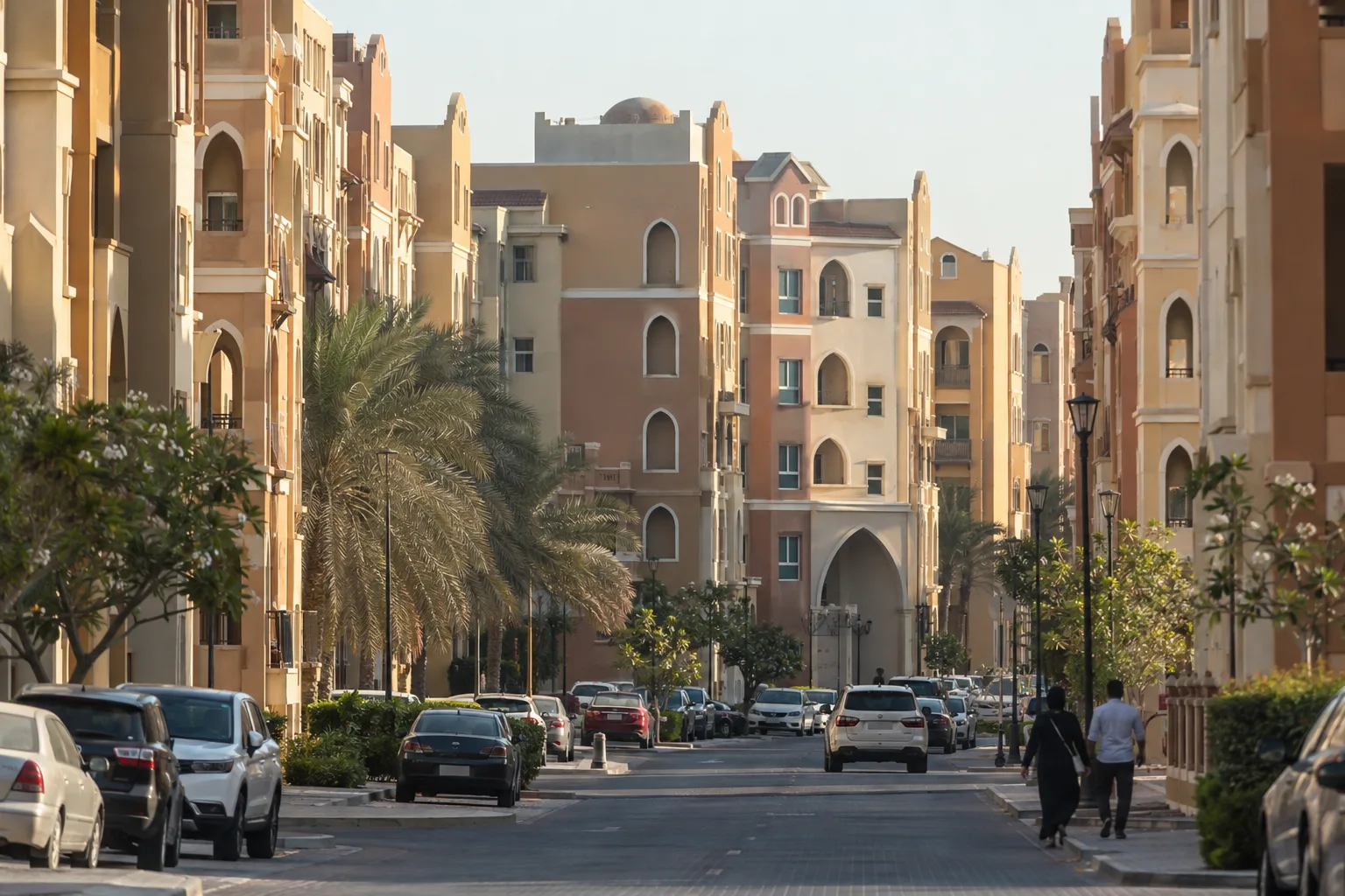 Street in Dubai International City: low-rise buildings with ochre arcaded facades, palm trees and passersby