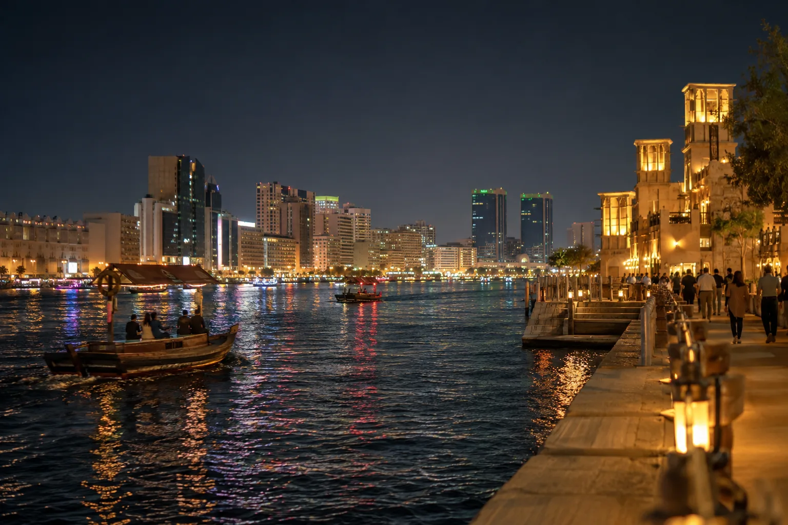 Wooden abras crossing Dubai Creek at night, strollers on the pier and modern districts in the distance