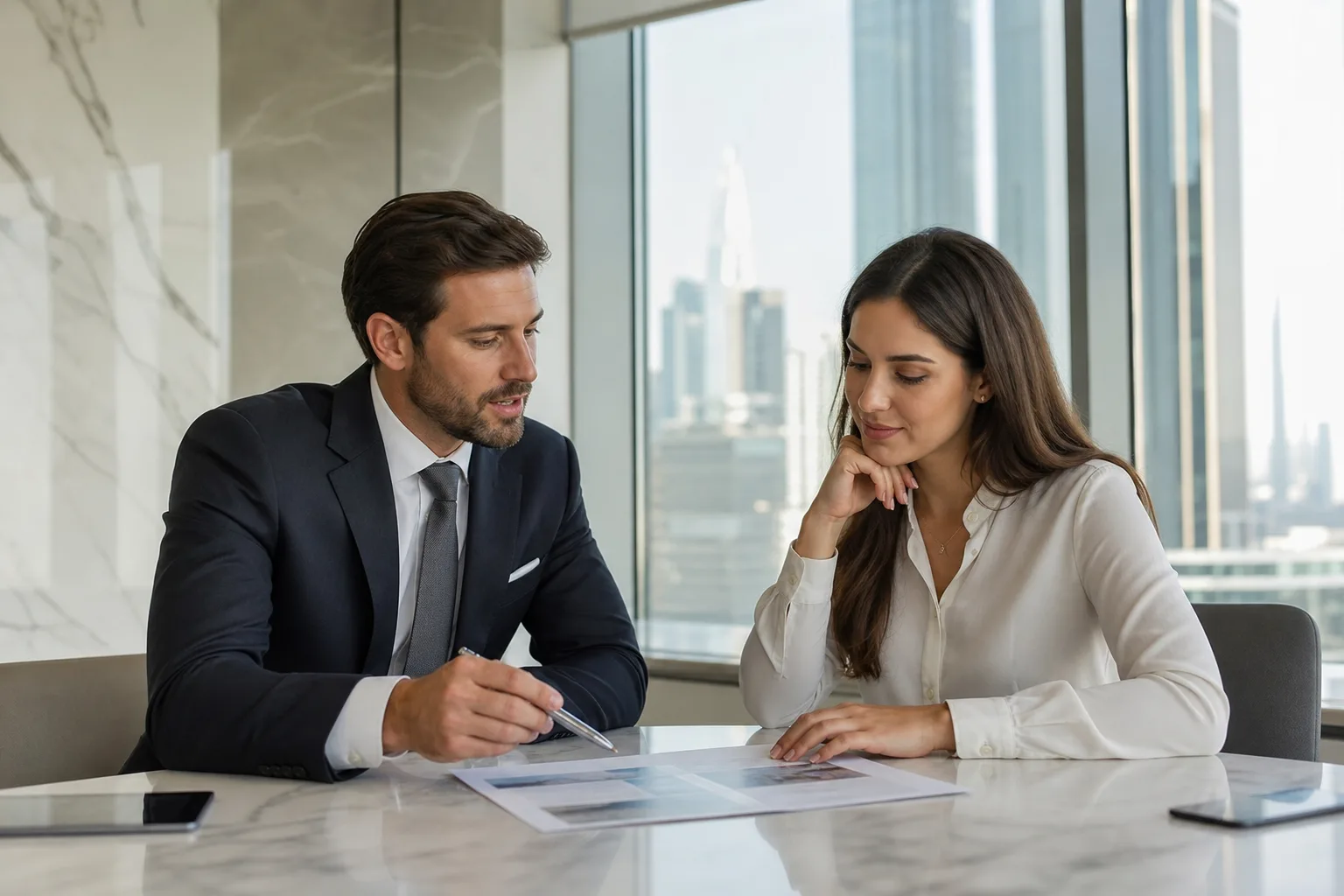 Client and real estate advisor talking around a table in a bright Dubai agency