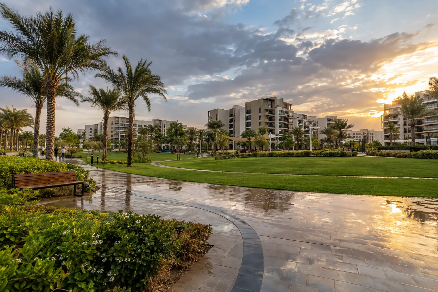 Residential park on Yas Island after rain, wet lawns and recently completed beige buildings