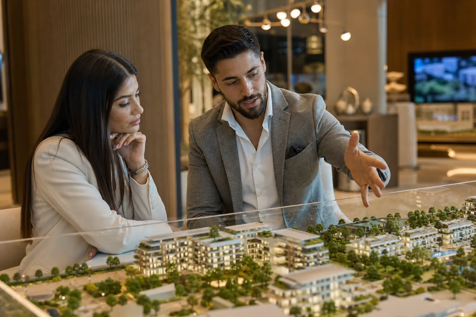Cliente y asesor inmobiliario conversando en una mesa en un showroom elegante con la maqueta de un proyecto residencial