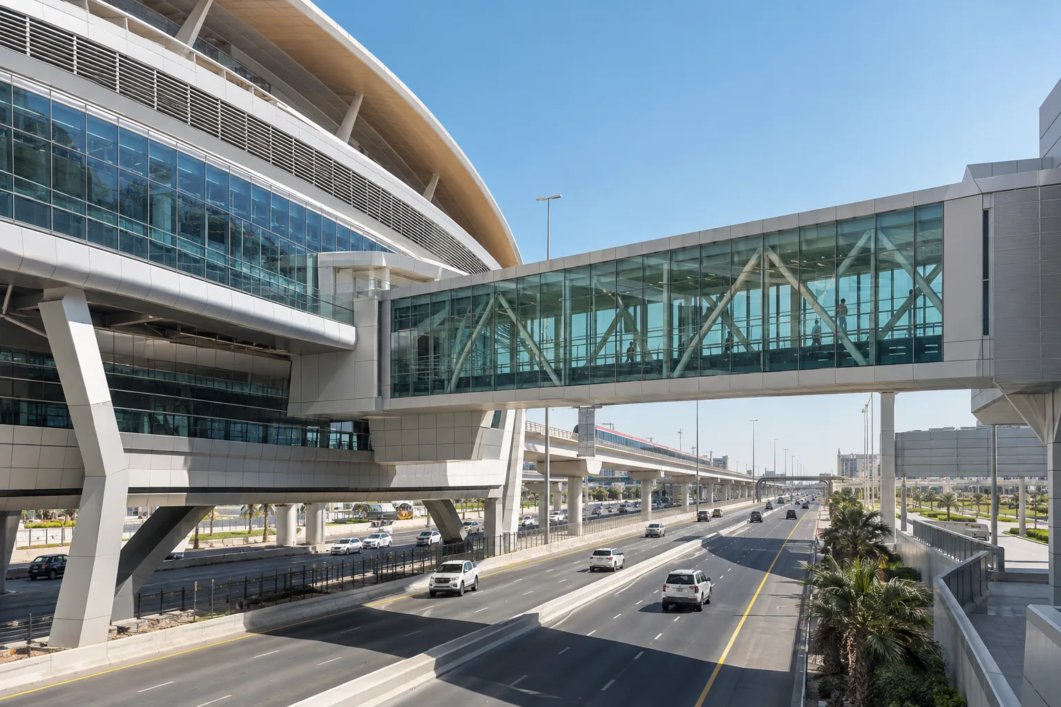 Glass pedestrian bridge linking an elevated metro station to a railway station above a wide highway in Dubai