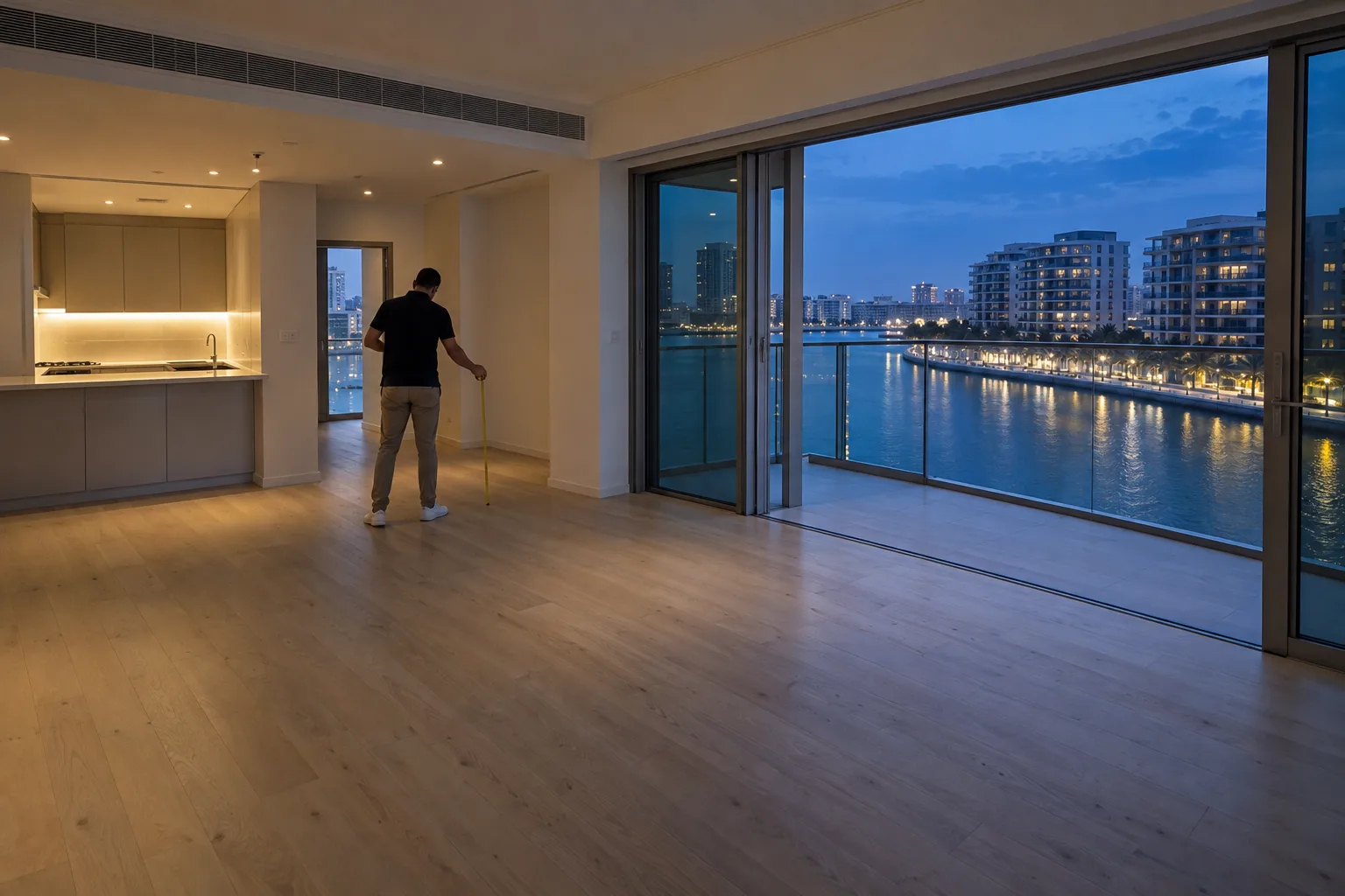 Empty apartment of about 1,000 sq ft in Al Rahah at blue hour, a person seen from behind measuring the room facing the canal
