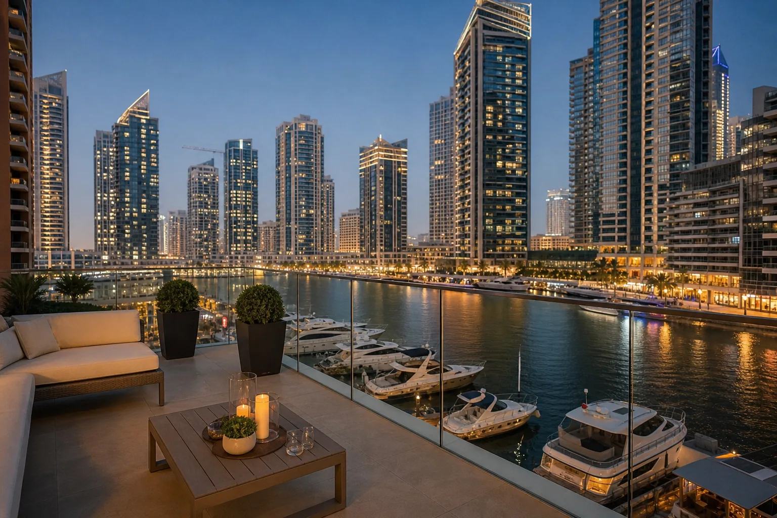 Terrasse d'un appartement premium en bord de mer à Dubai Marina avec vue sur les yachts