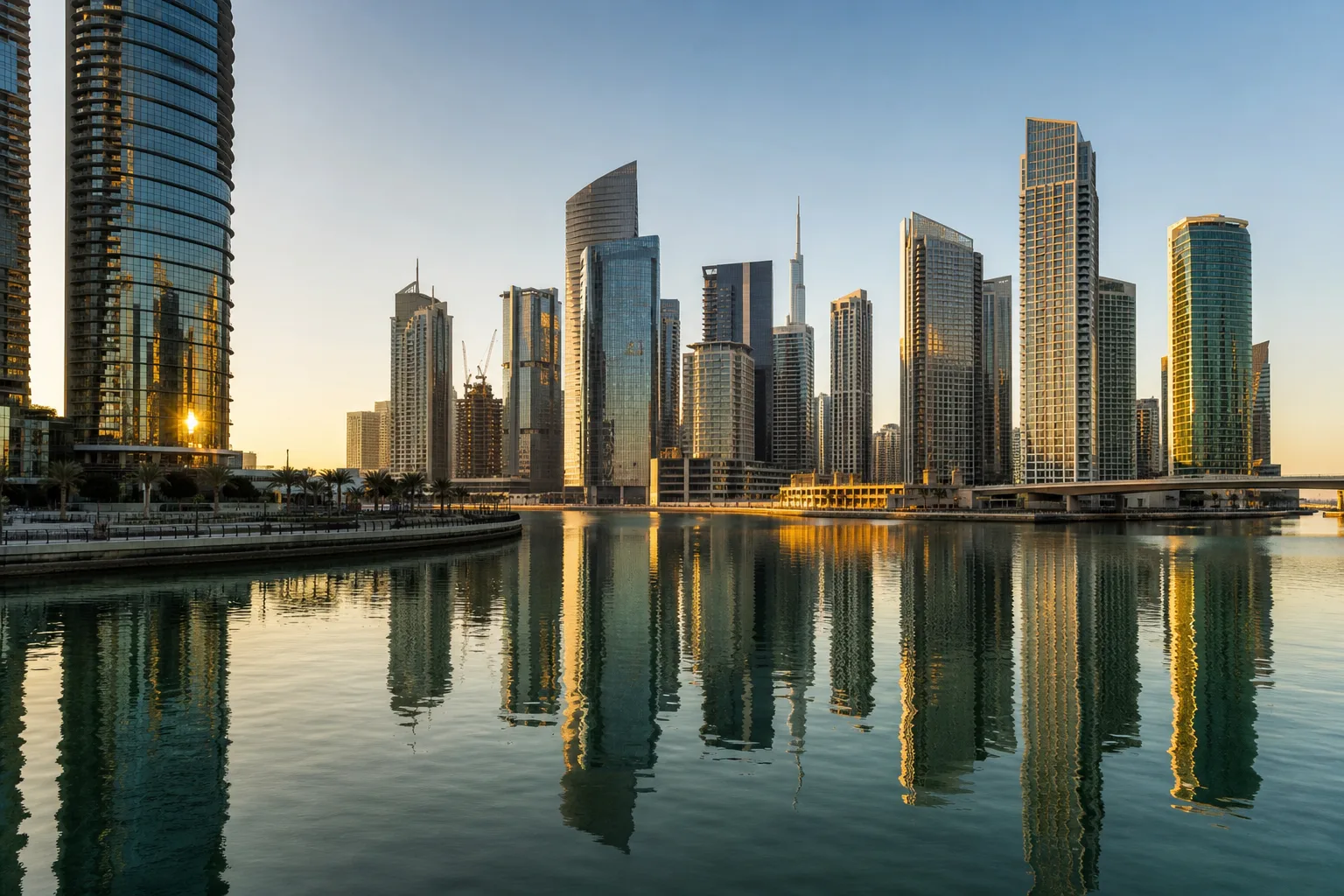 Canal de Business Bay avec tours de bureaux vitrées se reflétant dans l'eau au petit matin