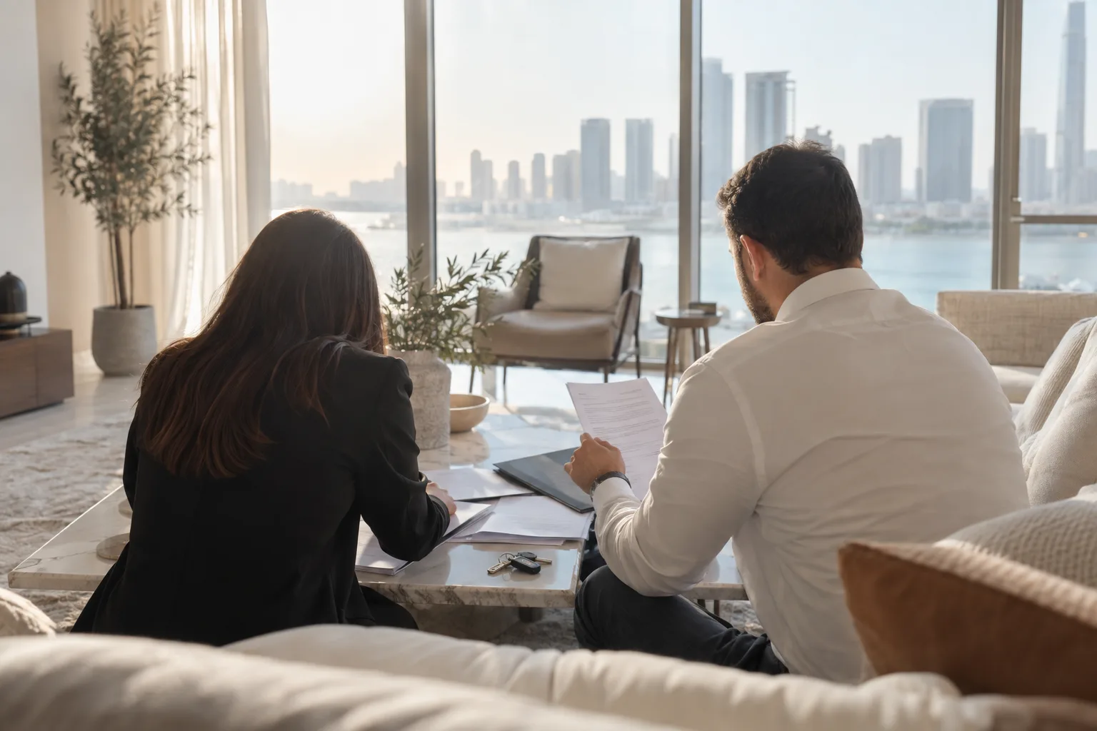 Owner and property manager seen from behind, sorting files and keys in the living room of a rented apartment