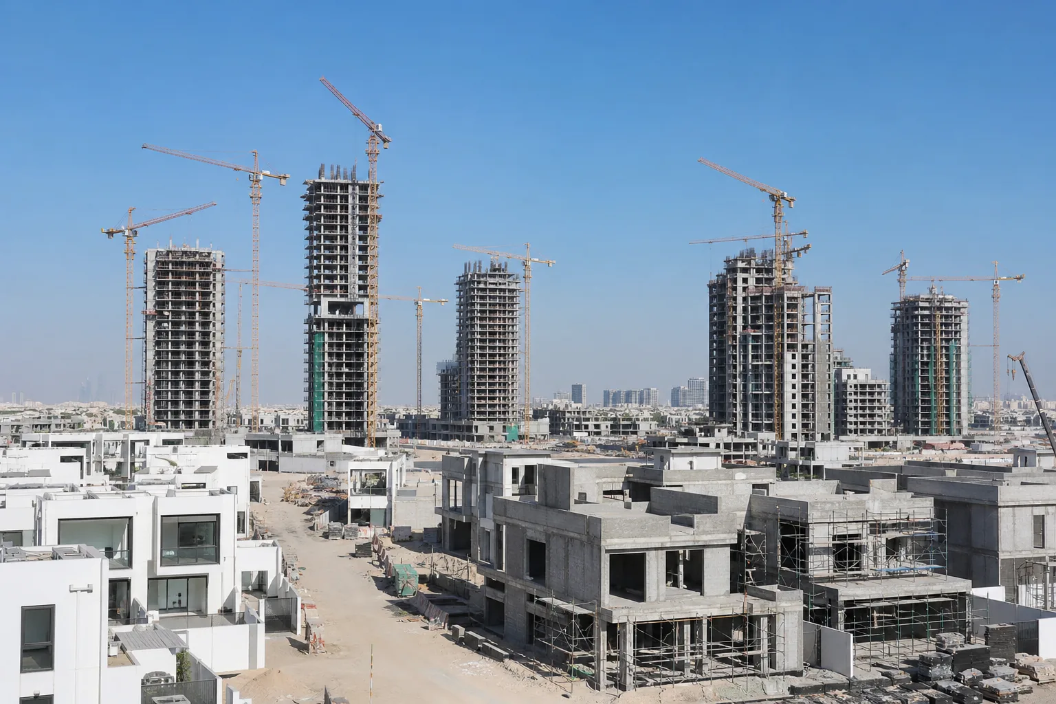 Construction cranes and residential buildings nearing completion in a developing Dubai district