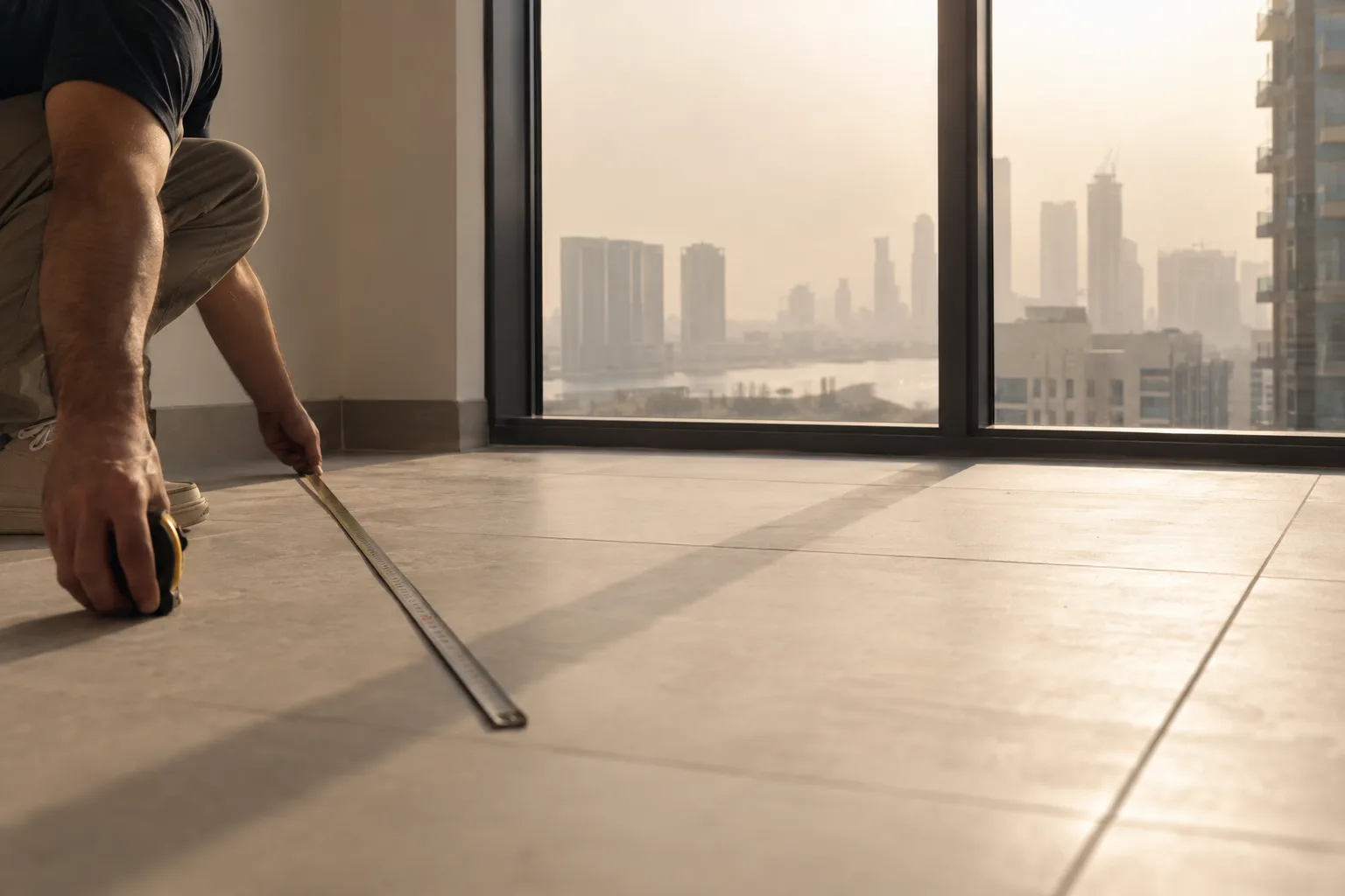 Hands unrolling a tape measure on the pale tiled floor of an empty Abu Dhabi apartment