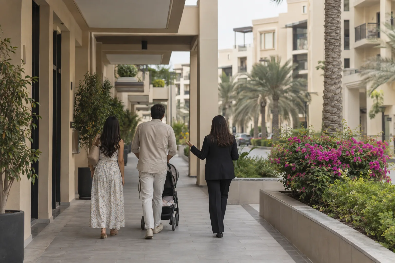 A young couple seen from behind and an agent heading to a viewing in a rental property in Jumeirah Village Circle