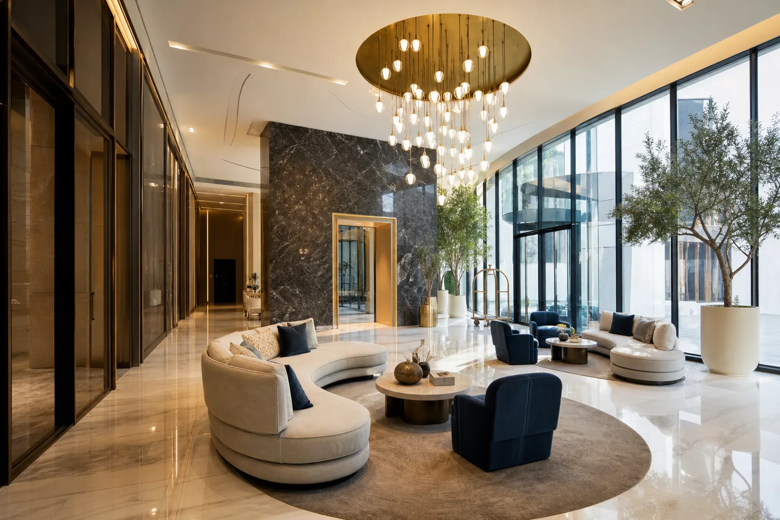 Hall d'entrée contemporain d'une résidence neuve avec lustre design, marbre clair et espace lounge