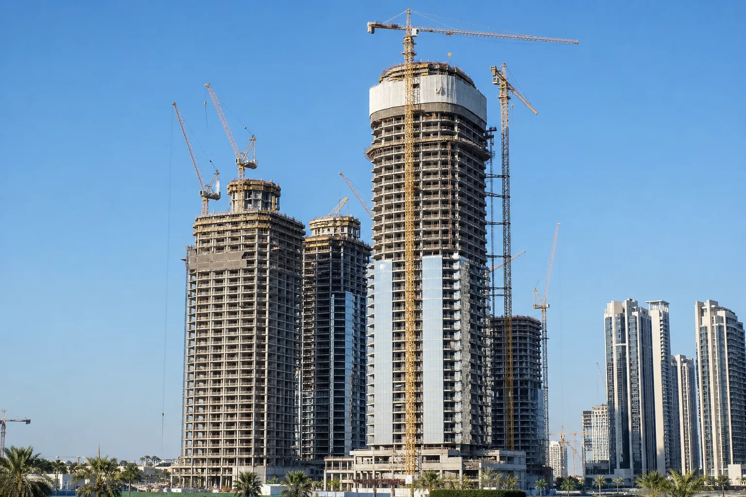 Obra de torres residenciales en construcción en Dubái con grúas sobre edificios de acabados modernos bajo un cielo despejado