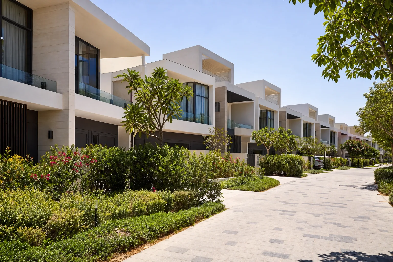 Row of contemporary villas and townhouses with gardens in a quiet residential district of Dubai