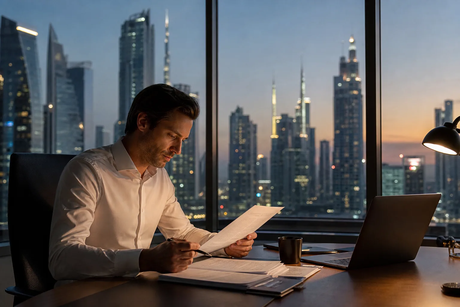 Homme d'affaires seul examinant des documents à un bureau près d'une fenêtre donnant sur les tours de Dubaï au crépuscule