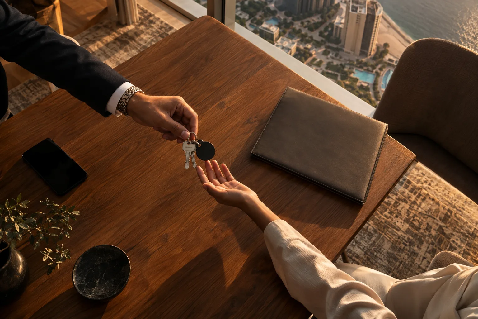 Overhead view of hands passing keys and an access card across a wooden table