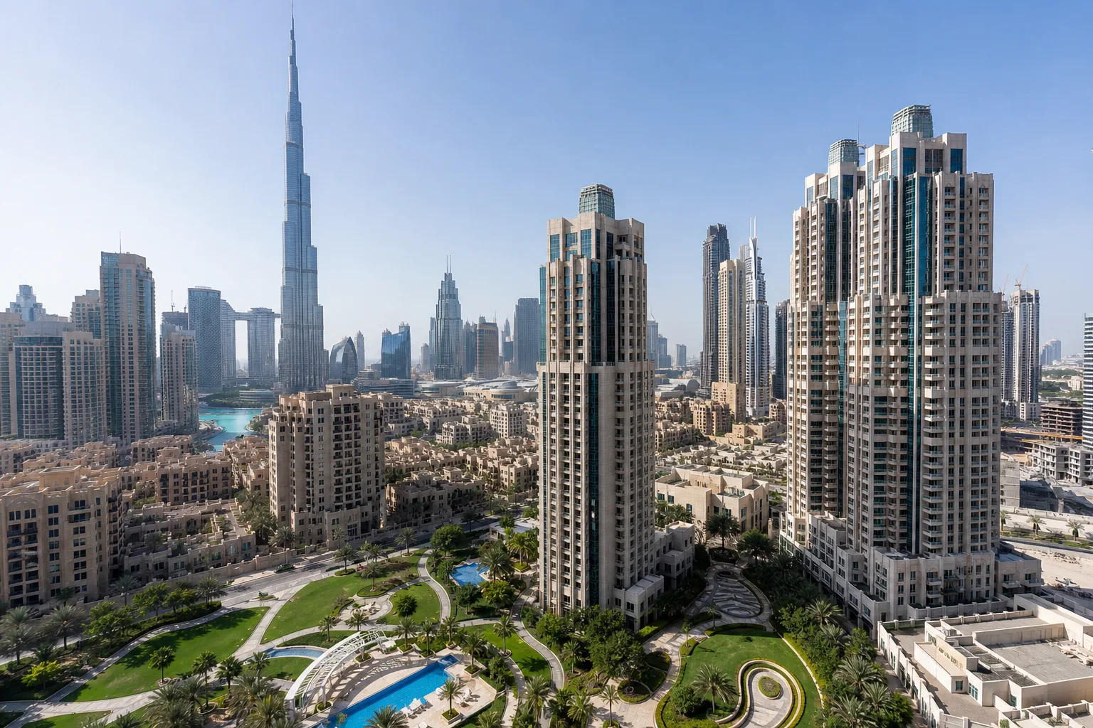 Aerial view of a prestige residential district in Downtown Dubai with modern towers and landscaped spaces