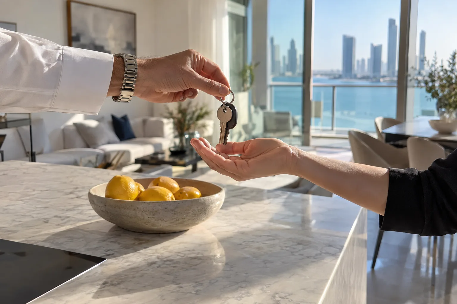 A landlord's hands passing keys to a tenant over a marble countertop in an Abu Dhabi apartment