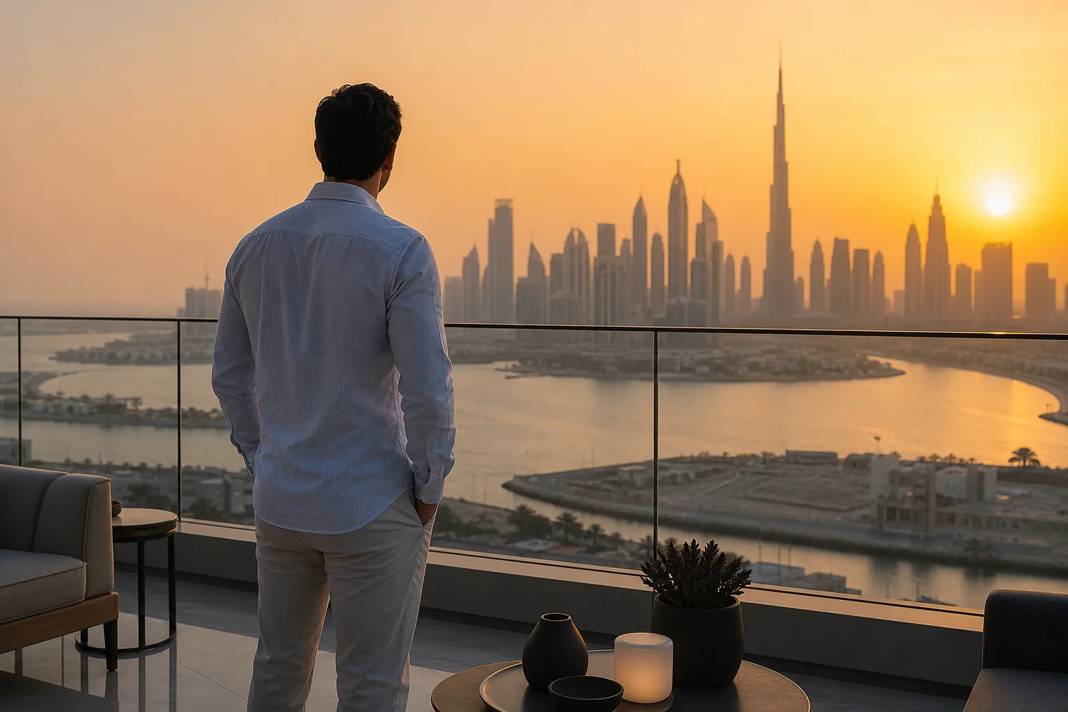 Solo investor contemplating the city of Dubai from the panoramic terrace of a penthouse at sunset