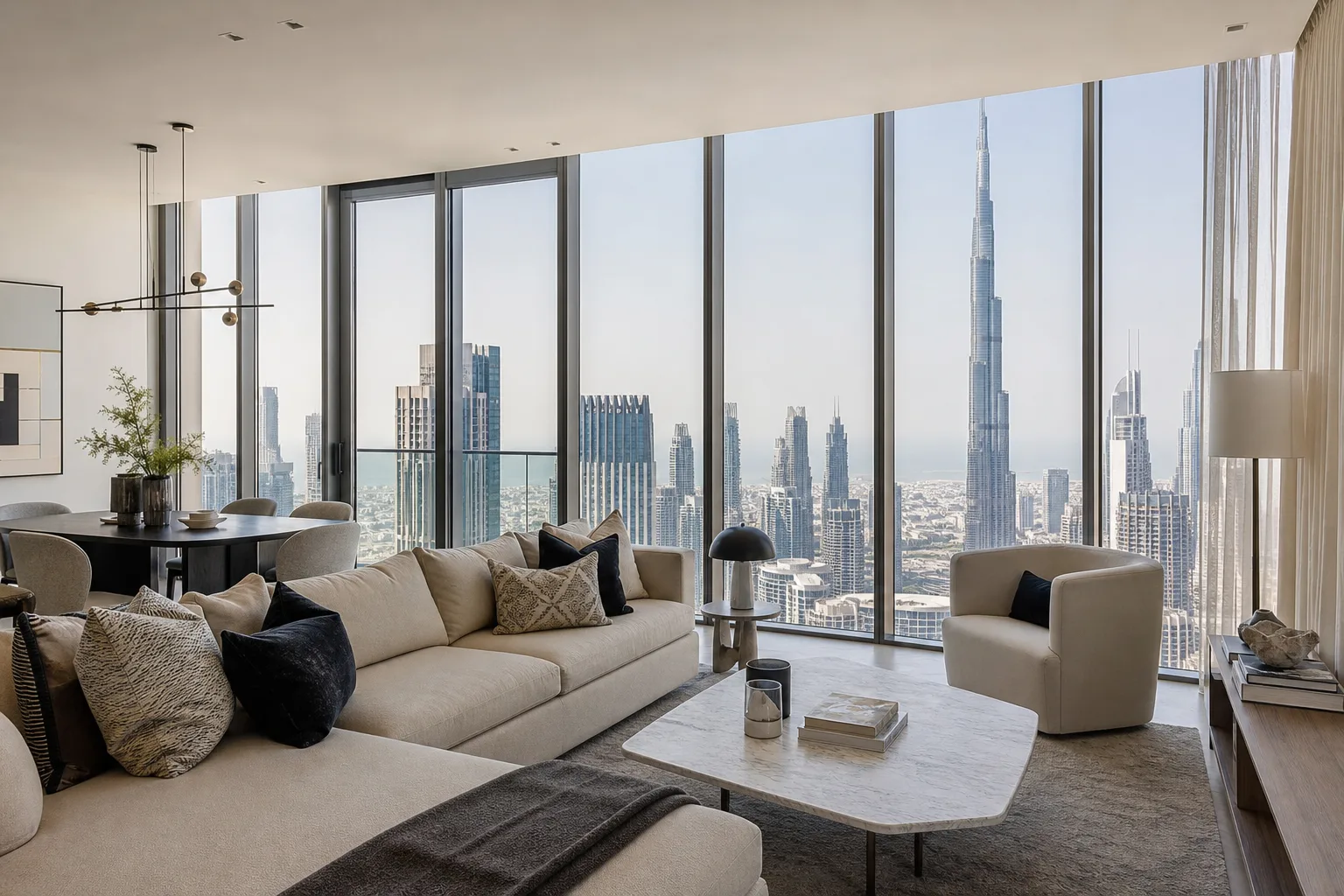 Bright interior of a modern apartment with floor-to-ceiling windows overlooking the Downtown skyline