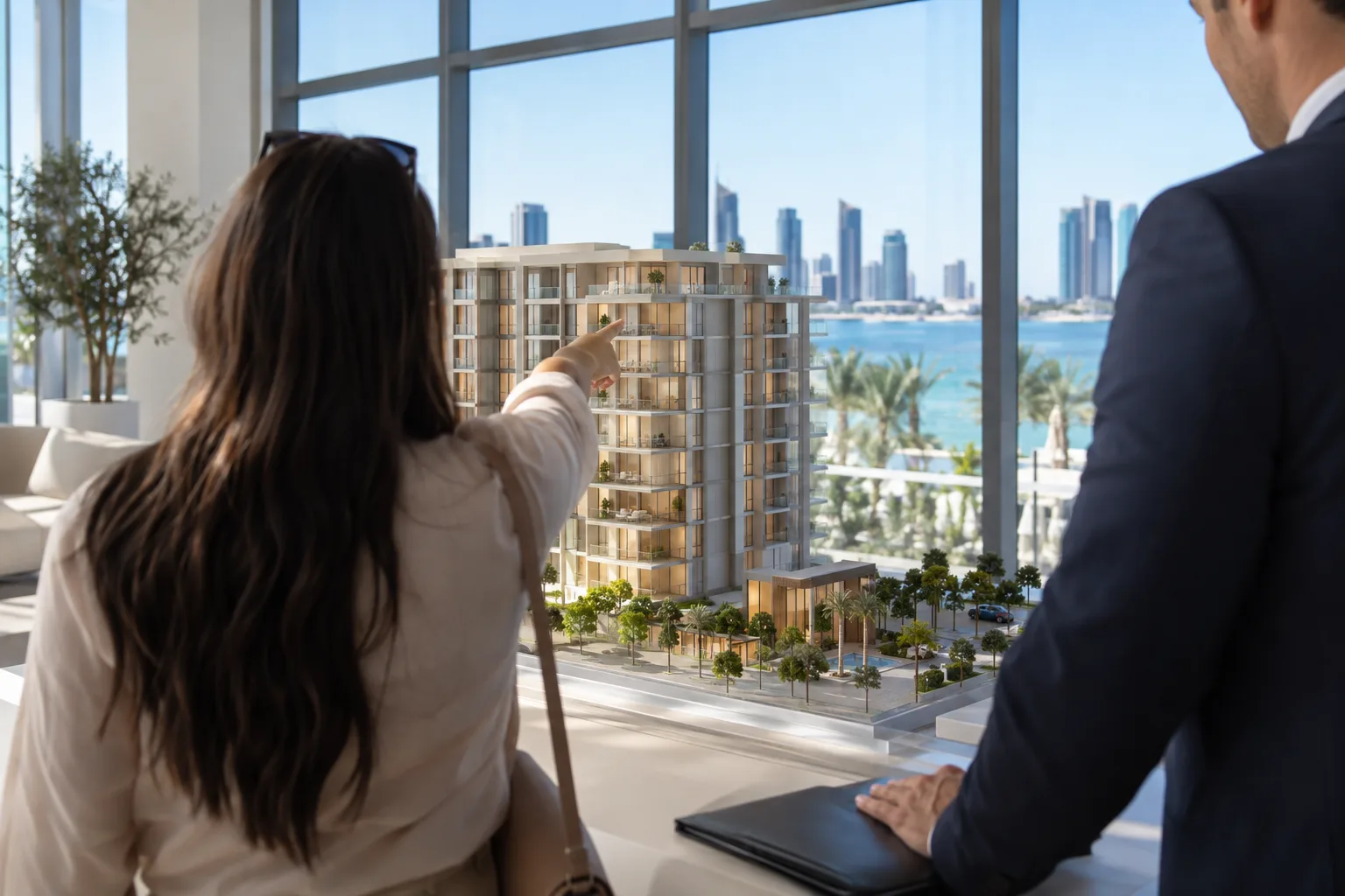 Buyer seen from behind pointing at a floor on a residential building model in a sales gallery