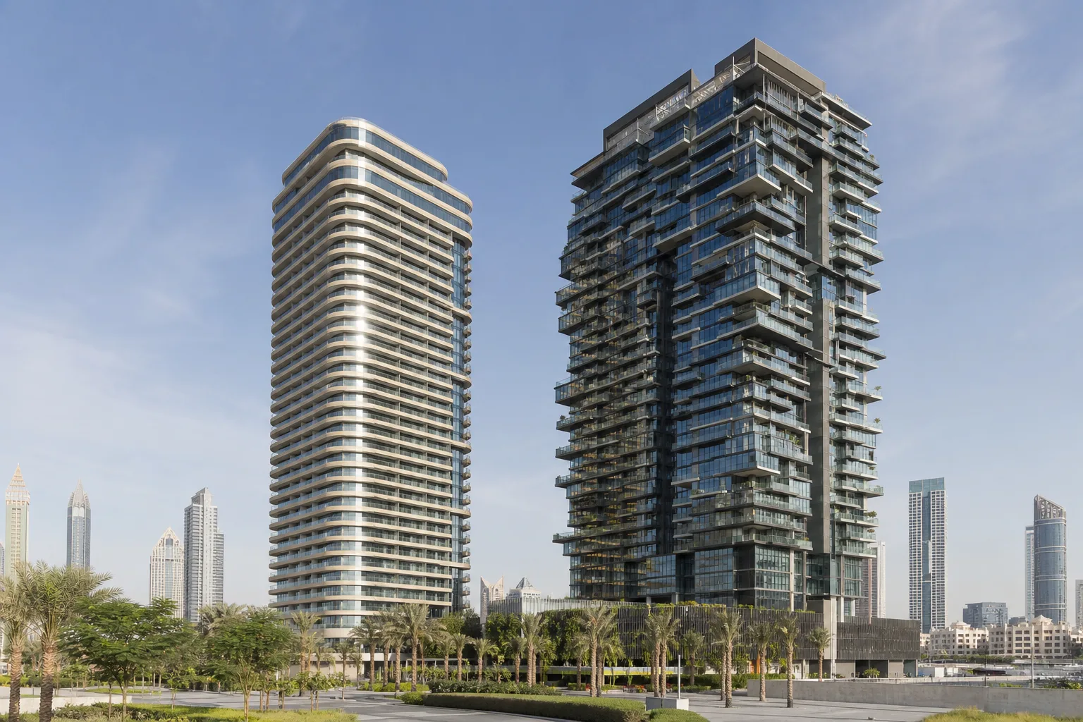Deux tours résidentielles de standing différent côte à côte dans un quartier moderne de Dubaï